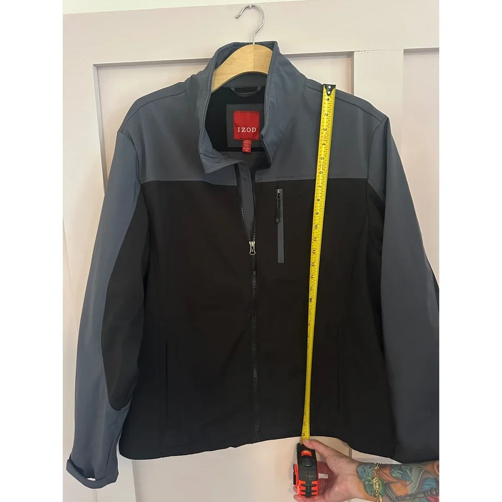 IZOD Mens Softshell Jacket XL Black Gray Full Zip Mock Neck Fleece Lined Coat